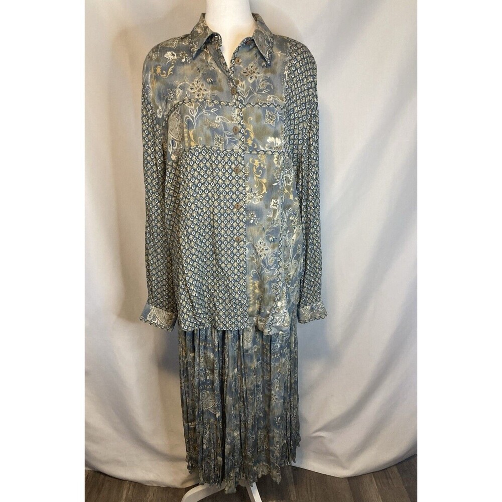 Maxi Skirt Set 3 Piece Womens L Top Blouse Cardigan Vest Skirt Floral Paisley